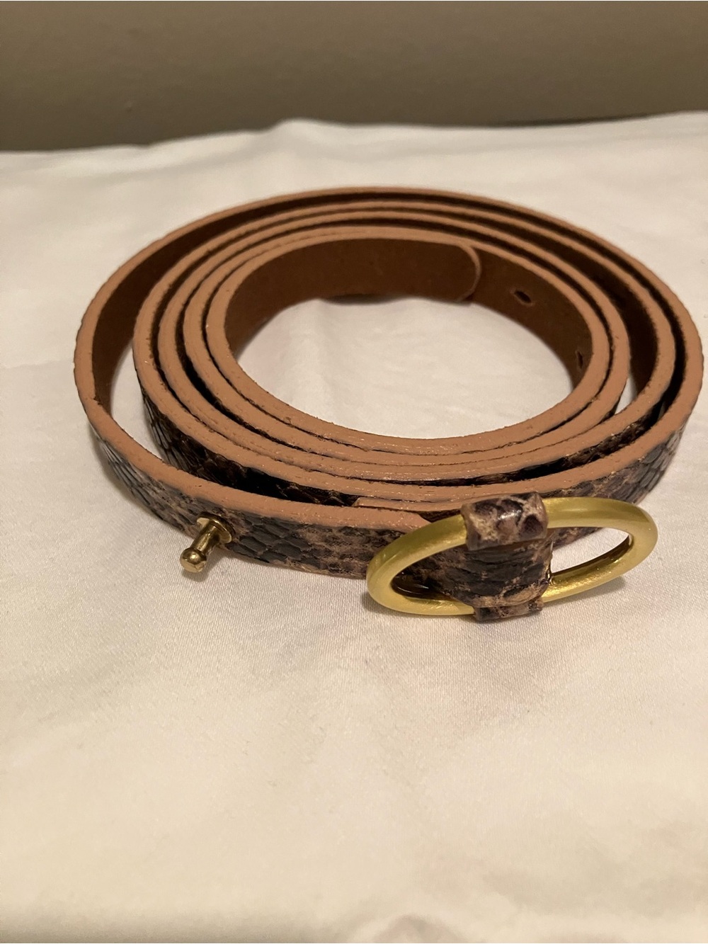 Talbots Tan/Brown Snakeskin-Textured Skinny Belt with Gold Oval Buckle